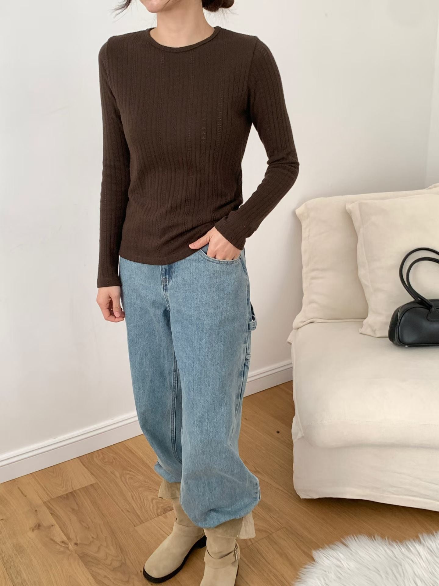 KR直送．提花暗織紋線衫長袖 2色入 1W91109