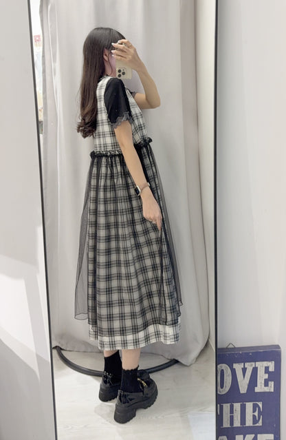 夏季・日系紗面格仔長裙 3色入1S10635