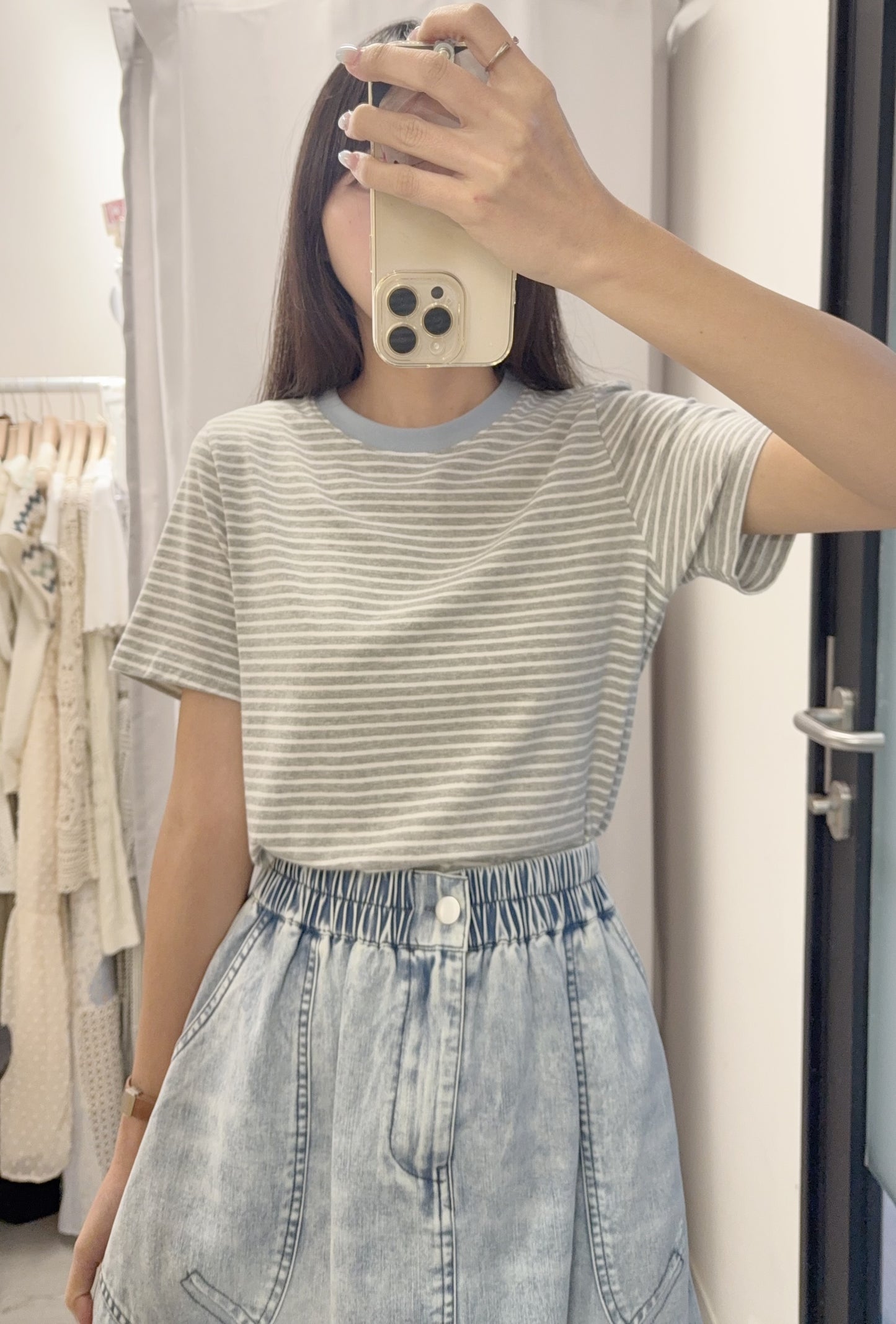 夏季・撞色邊橫暗Tee 2色入 1S50708