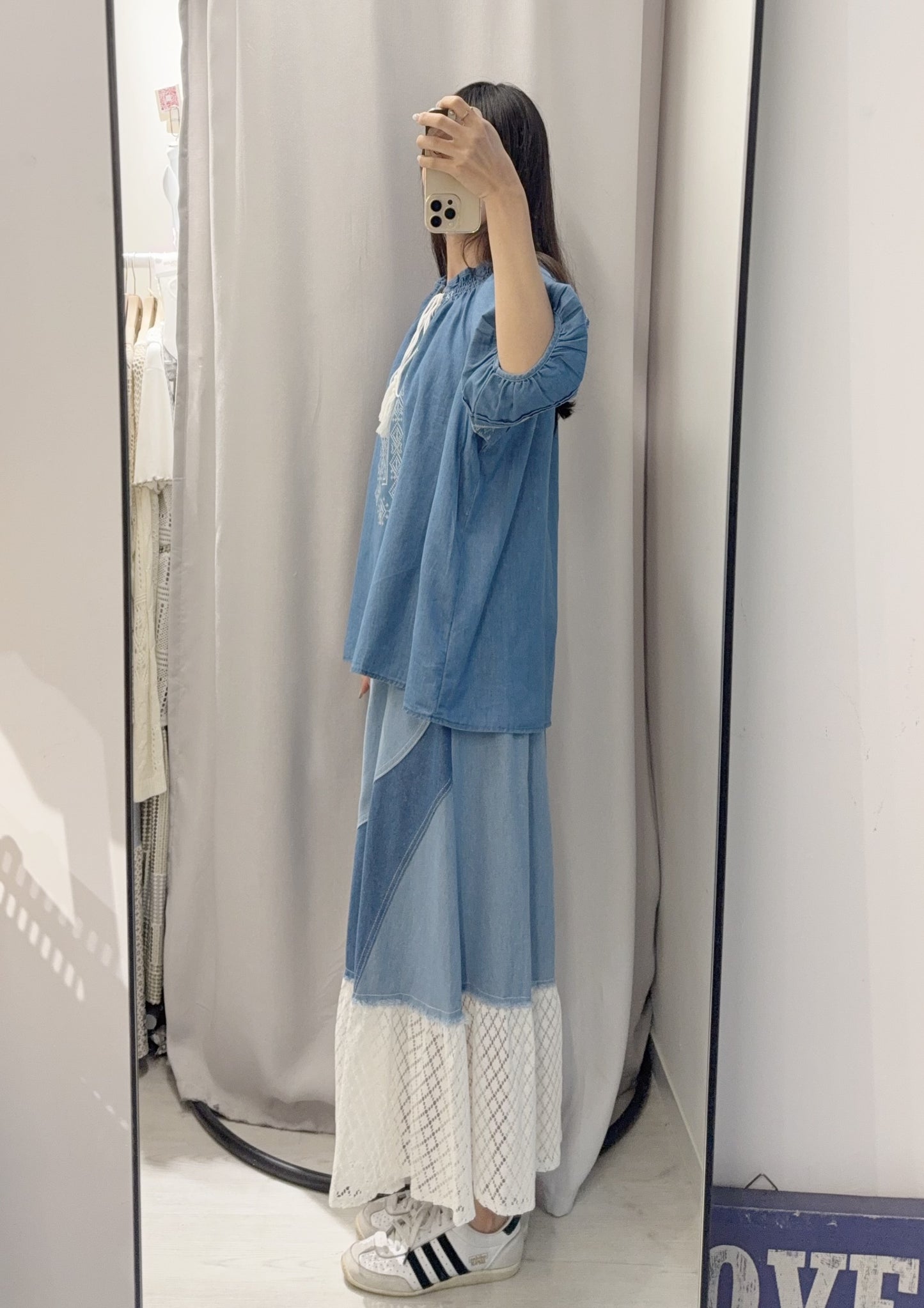 夏季・刺繡薄牛仔中袖上衣 2色入 1S60709