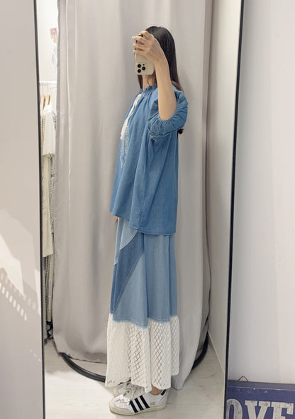 夏季・刺繡薄牛仔中袖上衣 2色入 1S60709