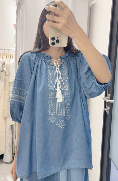 夏季・刺繡薄牛仔中袖上衣 2色入 1S60709