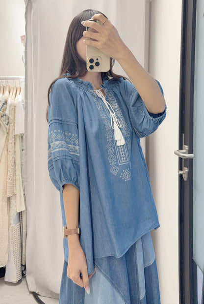 夏季・刺繡薄牛仔中袖上衣 2色入 1S60709