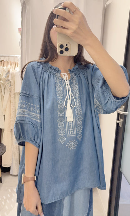 夏季・刺繡薄牛仔中袖上衣 2色入 1S60709