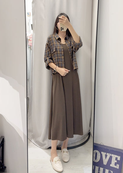 初秋・扭扭背心裙配格仔恤衫SET 2色入 1S60728