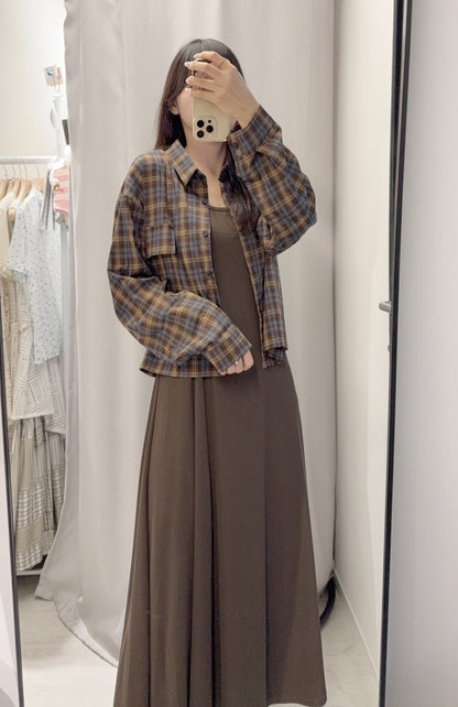 初秋・扭扭背心裙配格仔恤衫SET 2色入 1S60728