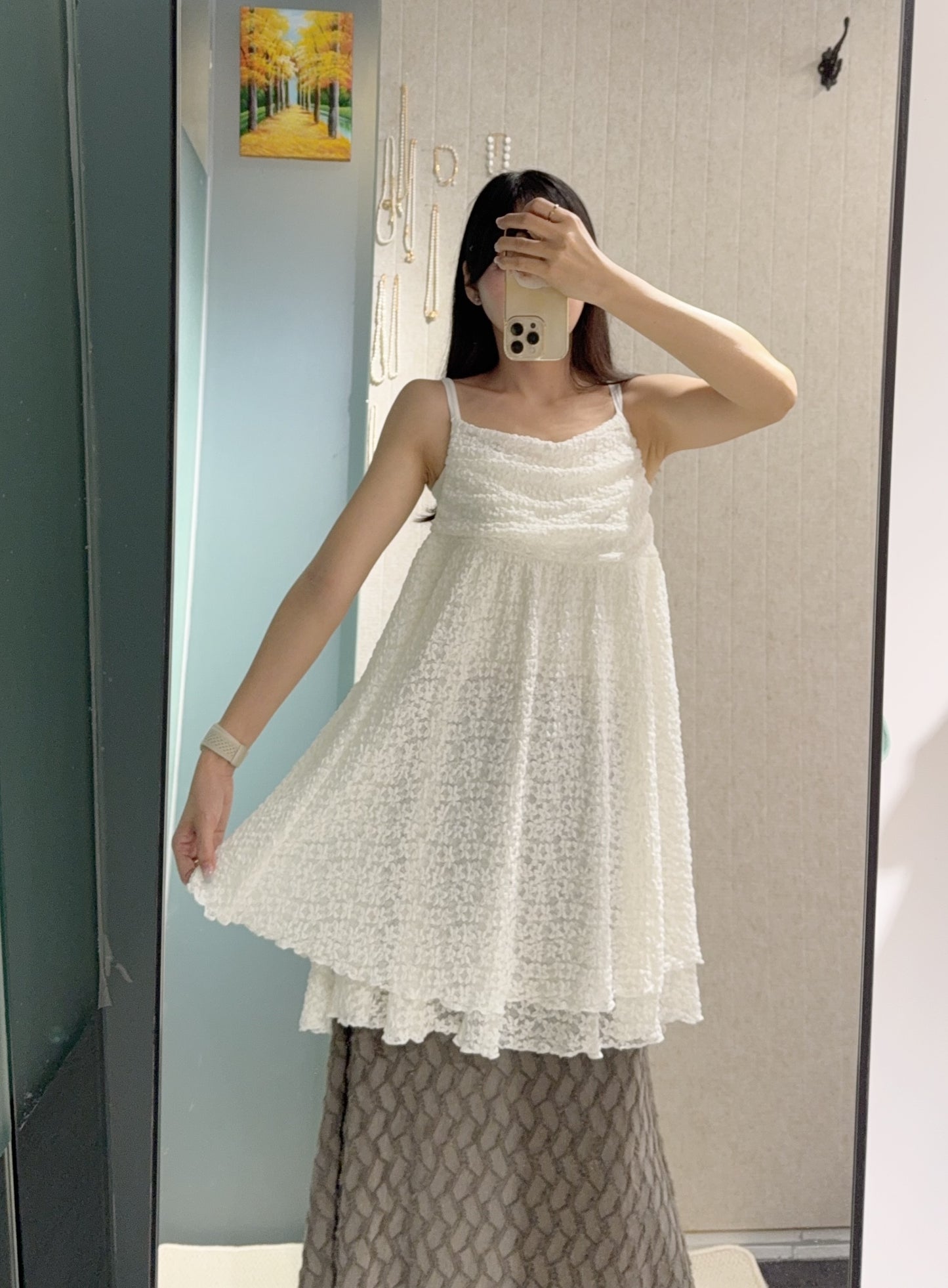 夏季・兩層暗紋花花Lace吊帶裙 2色入 1S10822