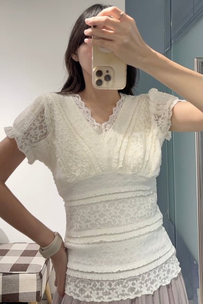 夏季・彈性Lace V領上衣 2色入 1S00824