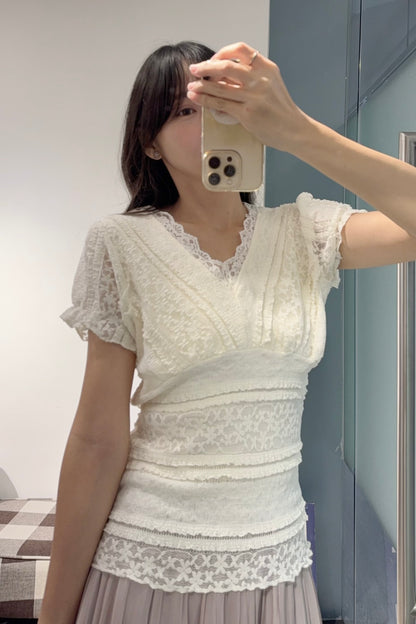 夏季・彈性Lace V領上衣 2色入 1S00824