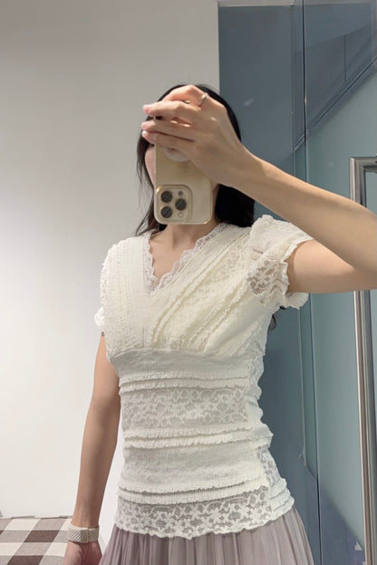 夏季・彈性Lace V領上衣 2色入 1S00824