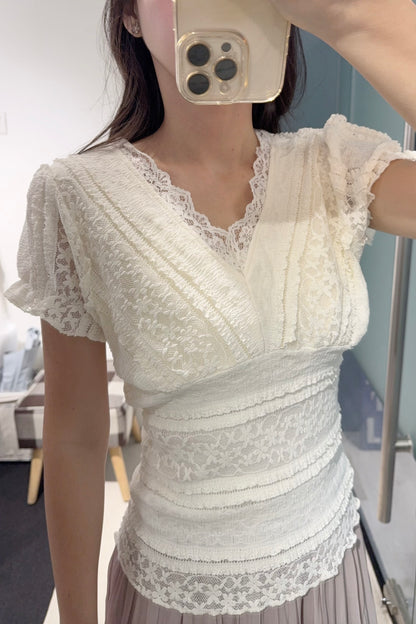 夏季・彈性Lace V領上衣 2色入 1S00824