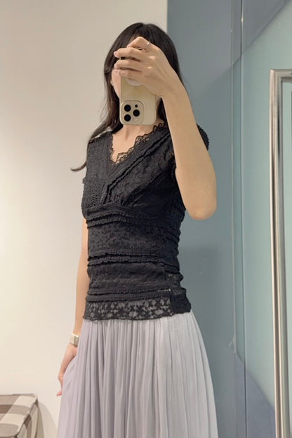 夏季・彈性Lace V領上衣 2色入 1S00824