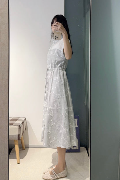 夏季・立體刺繡花棉麻連身裙 2色入 1S20826