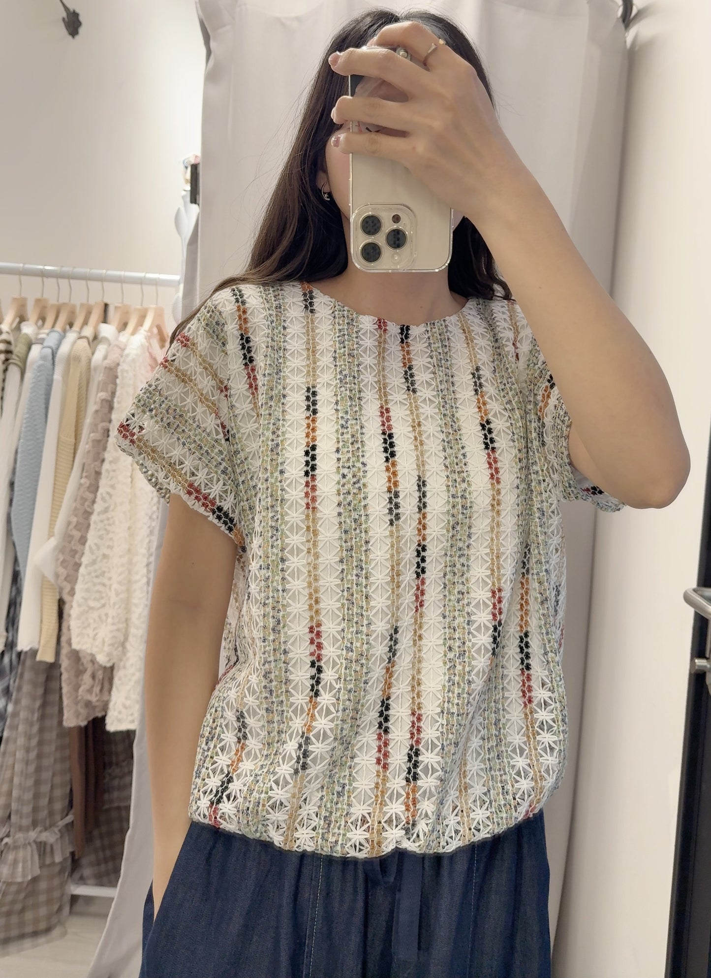 夏季・彩織勾線泡泡邊上衣 1色入 1S20319