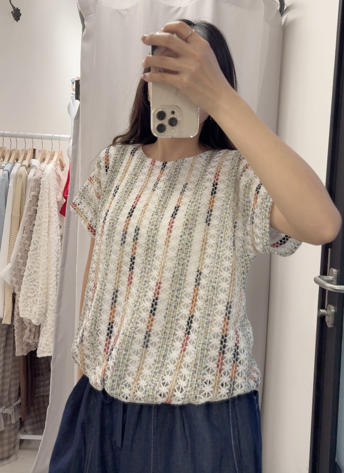 夏季・彩織勾線泡泡邊上衣 1色入 1S20319