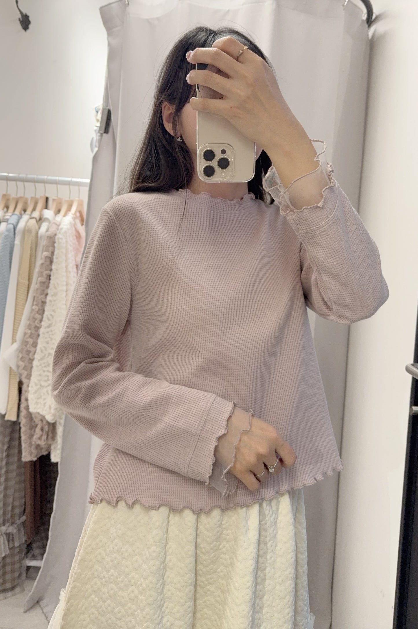 春夏・透透拼袖窩夫薄長袖 4色入 1S10320