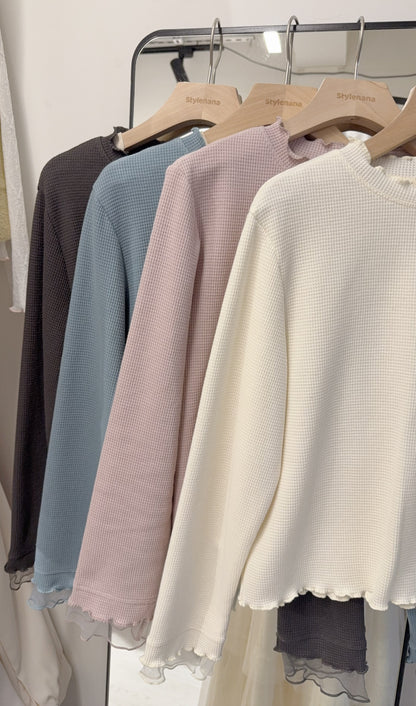 春夏・透透拼袖窩夫薄長袖 4色入 1S10320