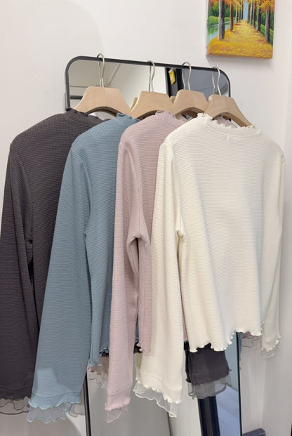 春夏・透透拼袖窩夫薄長袖 4色入 1S10320