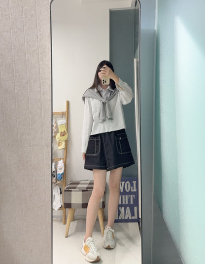 夏季・直紋Cropped恤衫配披肩 2色入 1S60834