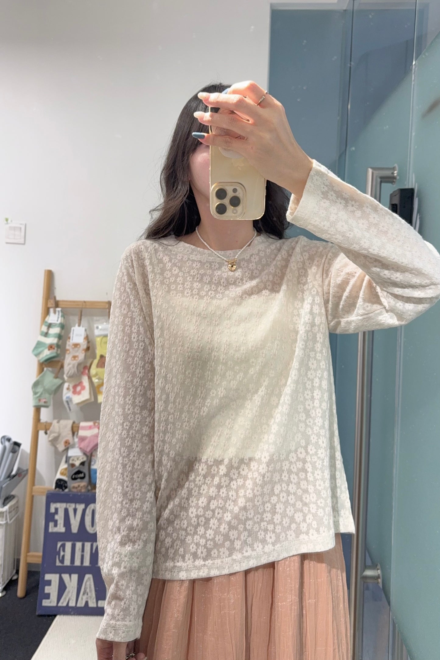 初秋・透視花花薄長袖 2色入 1S60838