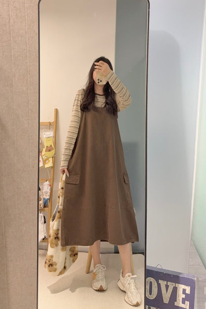 初秋・橫間薄長袖配扯布帶布裙SET 2色入 1S60909