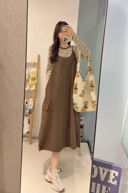初秋・橫間薄長袖配扯布帶布裙SET 2色入 1S60909