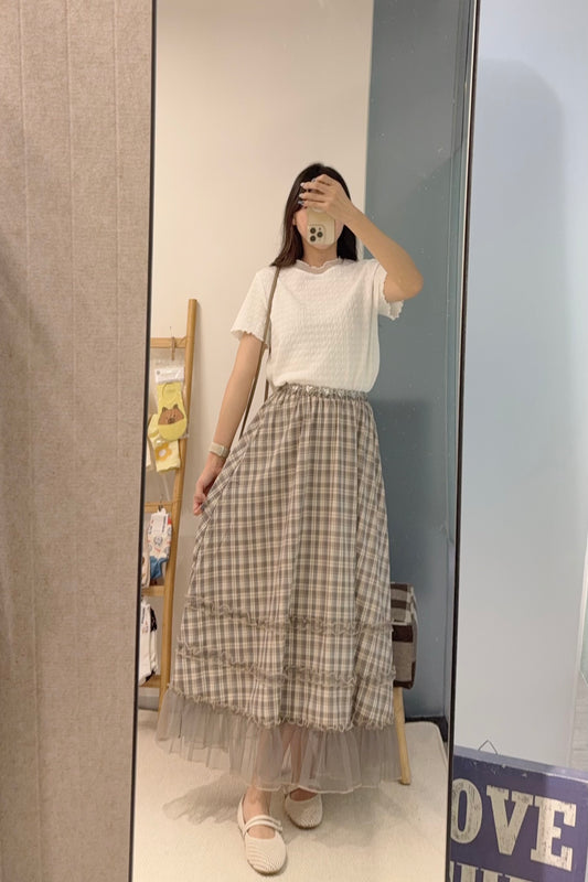 初秋・紗紗邊格仔半身裙 1S10904