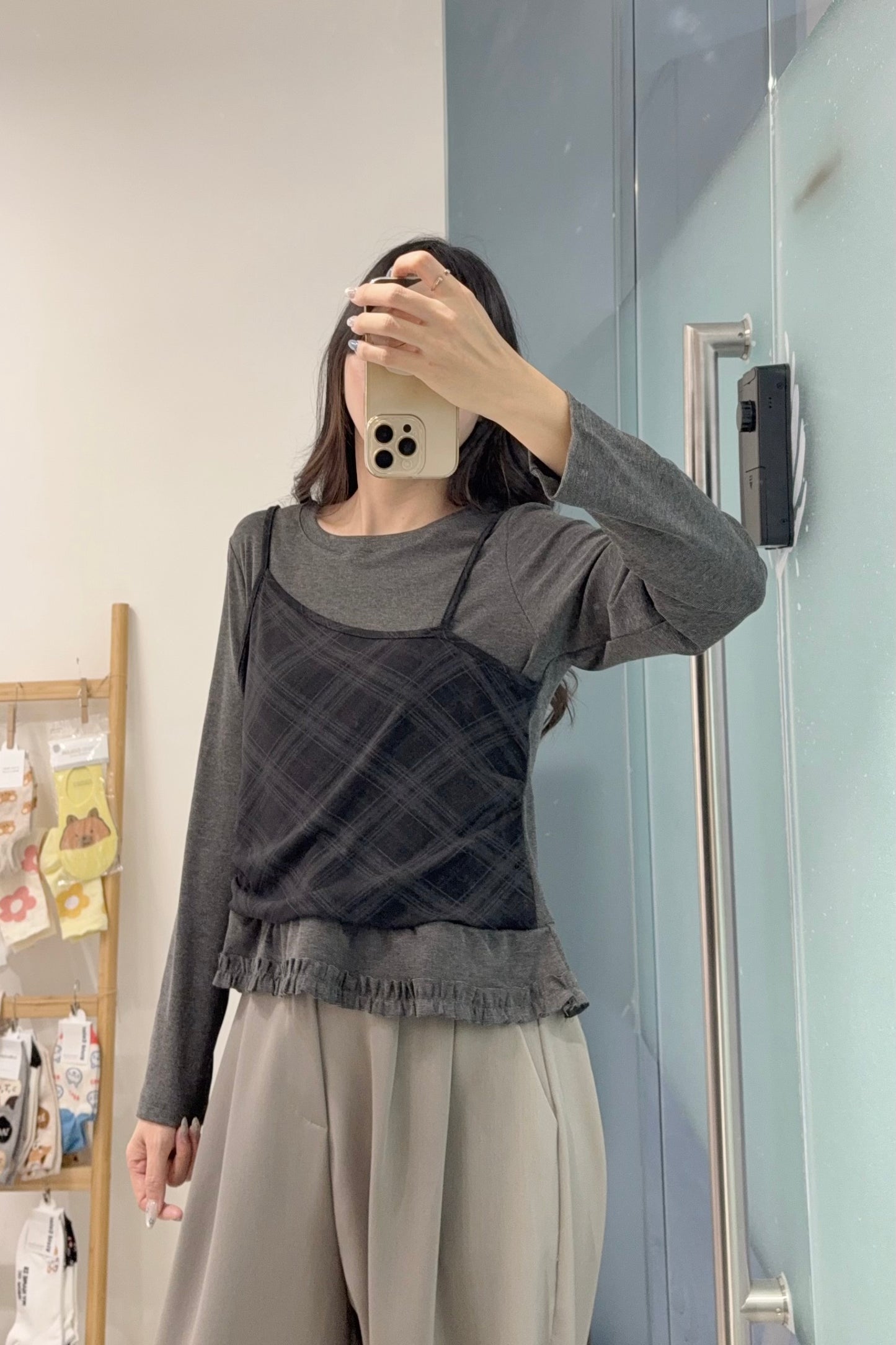 初秋・菱格假兩件薄長袖 2色入 1S60902