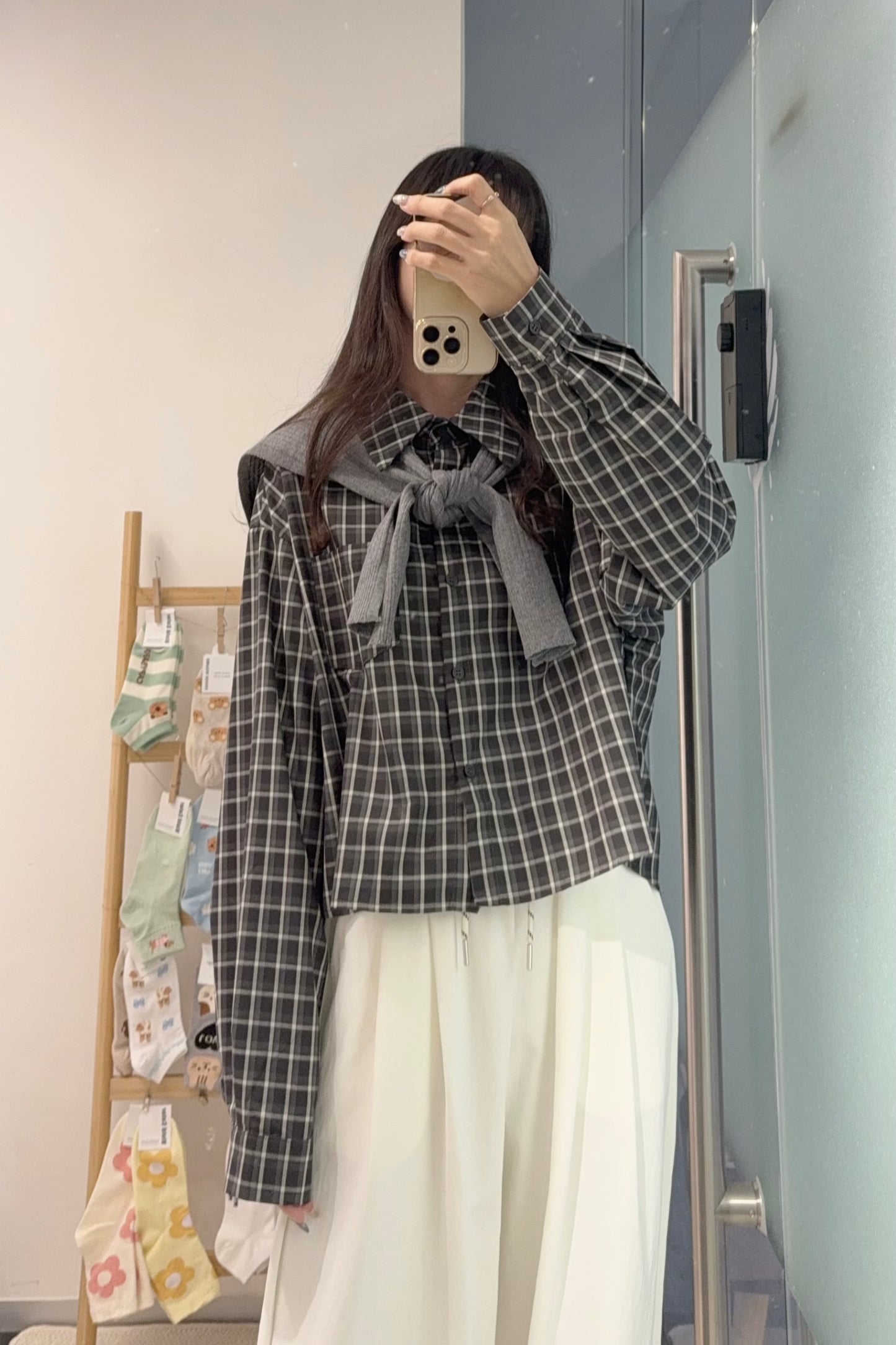 初秋・寬鬆格仔恤衫配披肩 2色入 1S60911