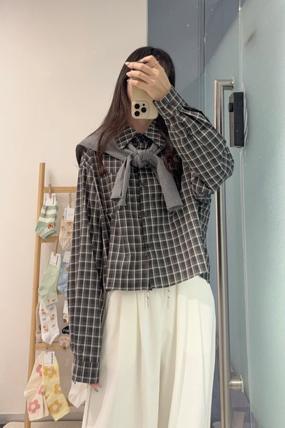 初秋・寬鬆格仔恤衫配披肩 2色入 1S60911