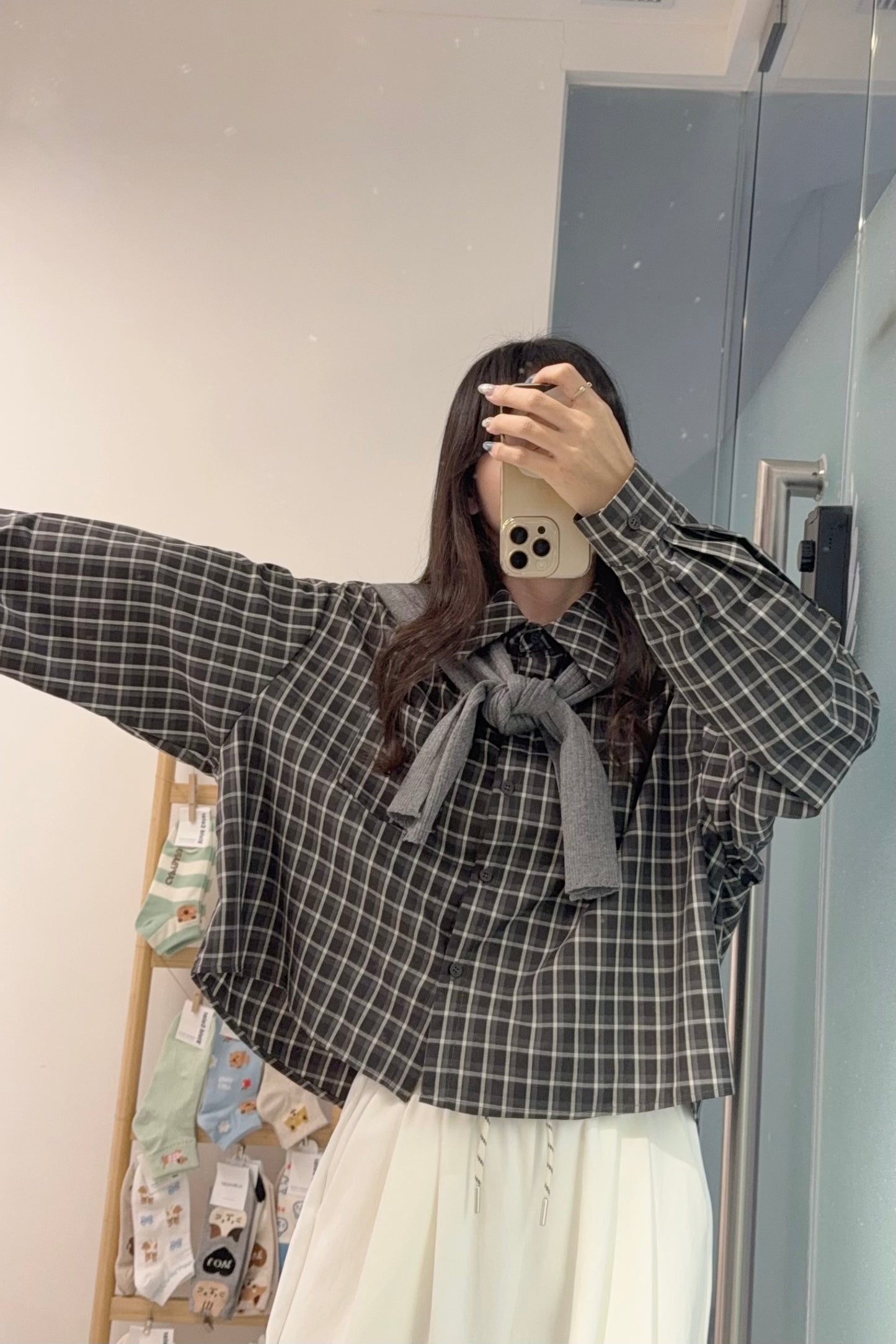 初秋・寬鬆格仔恤衫配披肩 2色入 1S60911