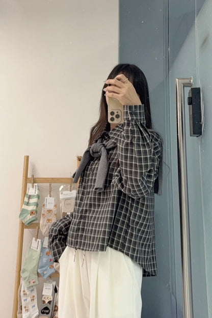 初秋・寬鬆格仔恤衫配披肩 2色入 1S60911