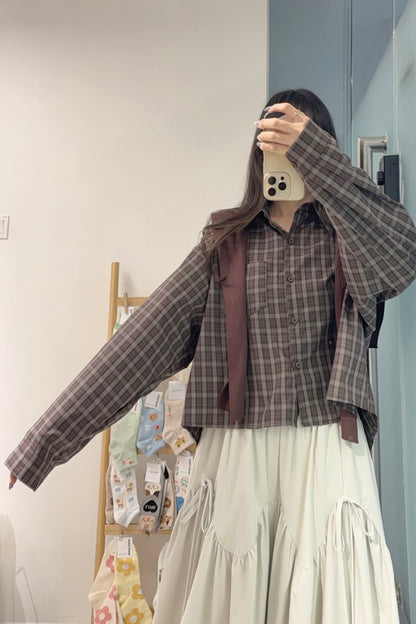 初秋・寬鬆格仔恤衫配披肩 2色入 1S60911