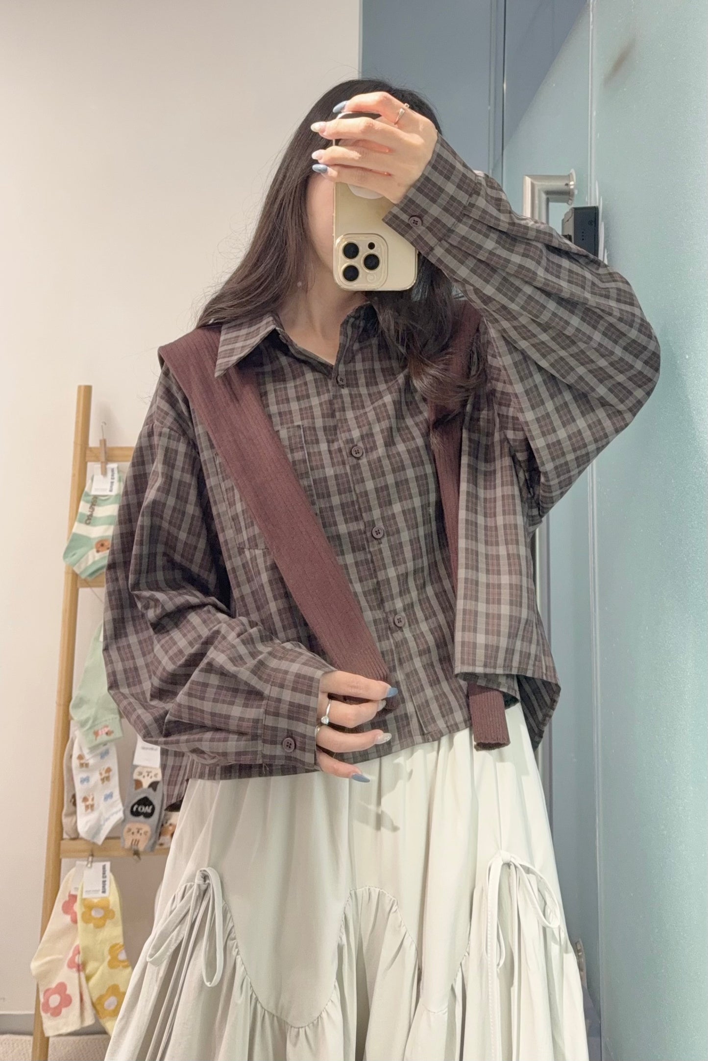 初秋・寬鬆格仔恤衫配披肩 2色入 1S60911