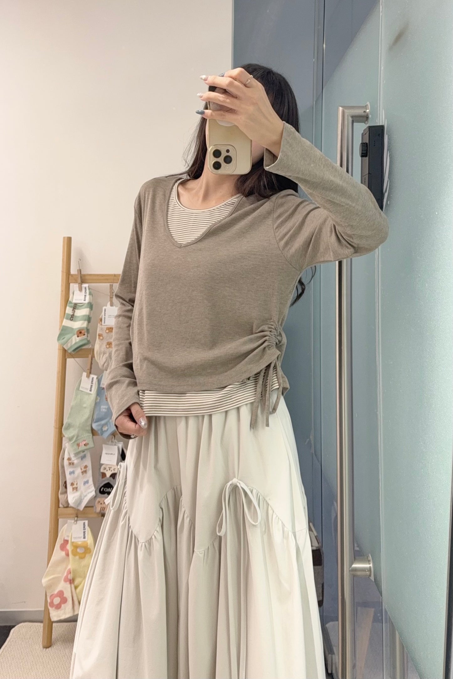 初秋・親膚假兩件束邊上衣 2色入 1S60912