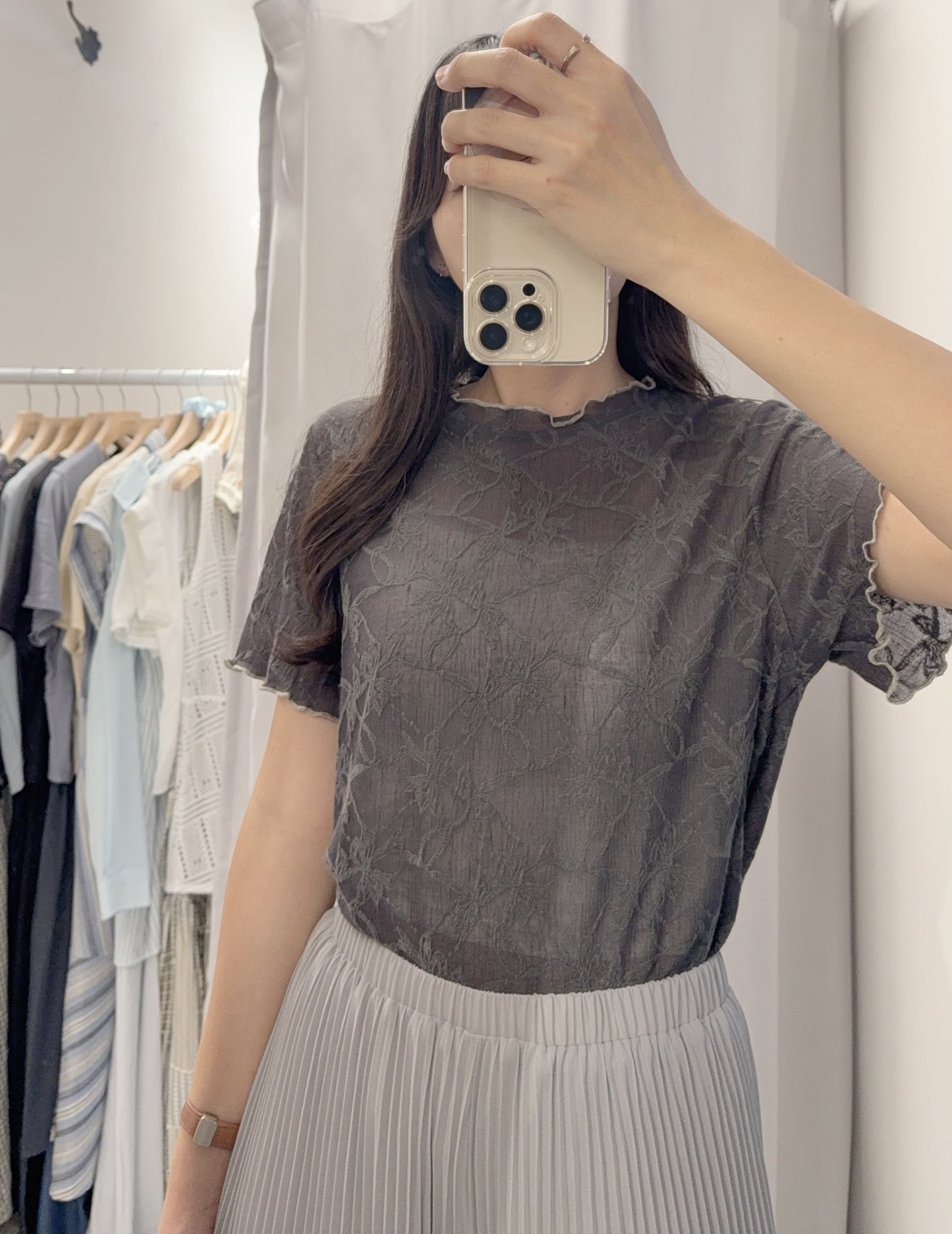 夏季・超薄透視超親膚暗花Tee 2色入 1S10408