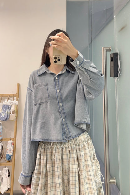 初秋・洗水寬鬆Cropped牛仔恤衫 2色入 1S60927