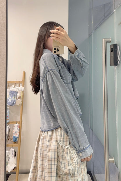 初秋・洗水寬鬆Cropped牛仔恤衫 2色入 1S60927