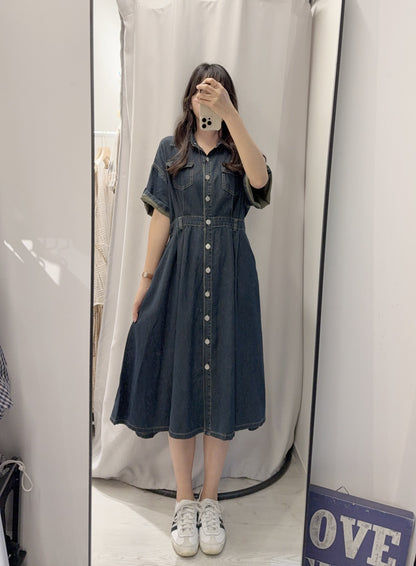 夏季・修腰反袖薄牛仔連身裙 2色入 1S60414
