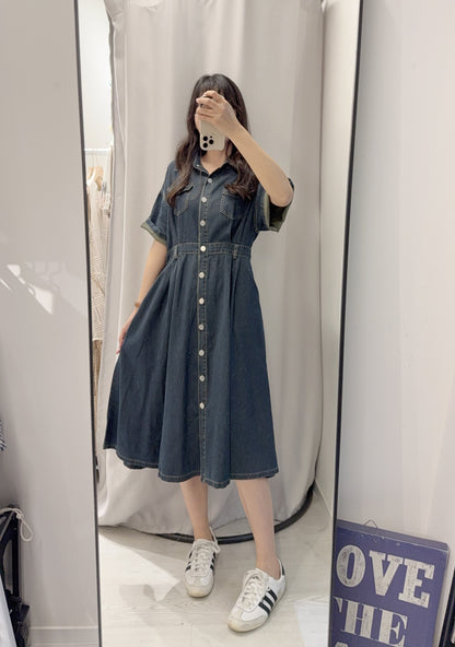 夏季・修腰反袖薄牛仔連身裙 2色入 1S60414