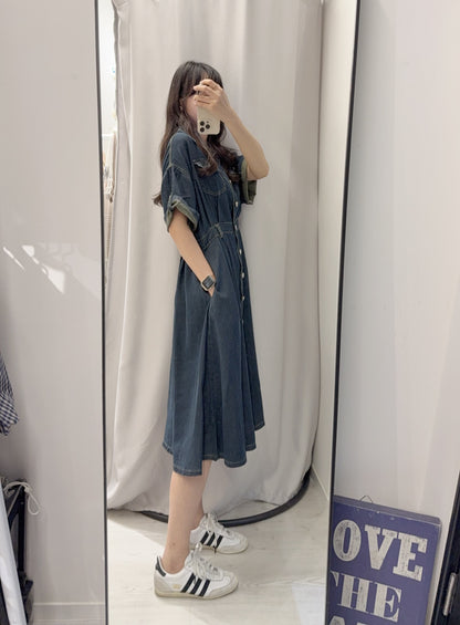 夏季・修腰反袖薄牛仔連身裙 2色入 1S60414