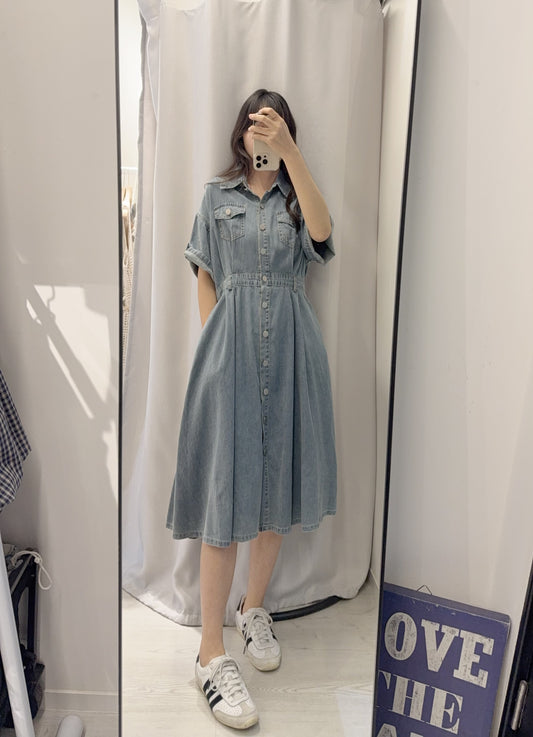 夏季・修腰反袖薄牛仔連身裙 2色入 1S60414