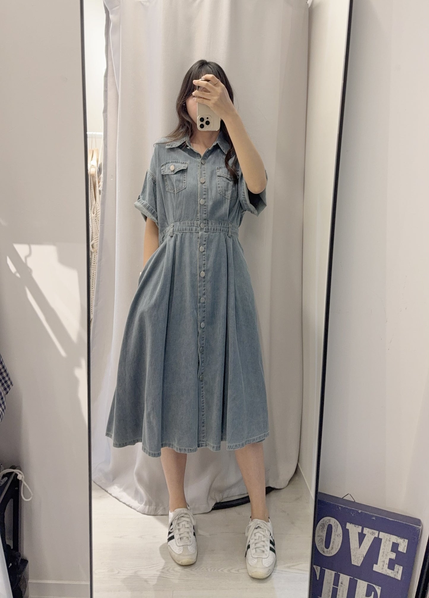 夏季・修腰反袖薄牛仔連身裙 2色入 1S60414