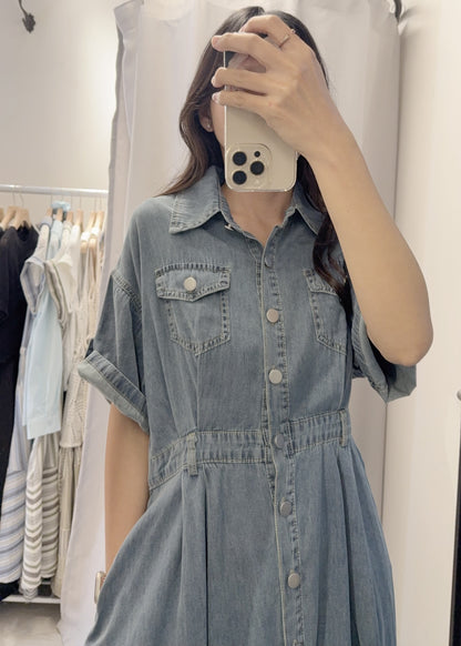 夏季・修腰反袖薄牛仔連身裙 2色入 1S60414