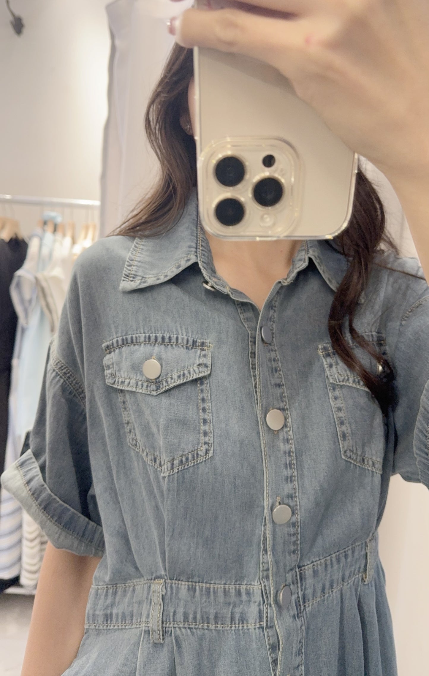 夏季・修腰反袖薄牛仔連身裙 2色入 1S60414