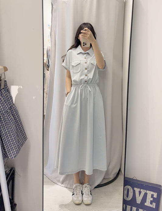夏季・明線反領太空棉收腰連身裙 2色入 1S60422