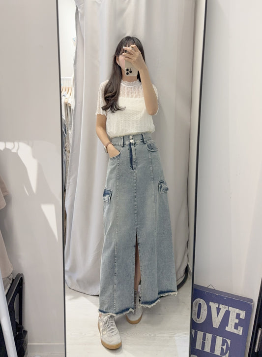 夏季・流蘇邊前開差洗水牛仔裙 1色入 1S70442