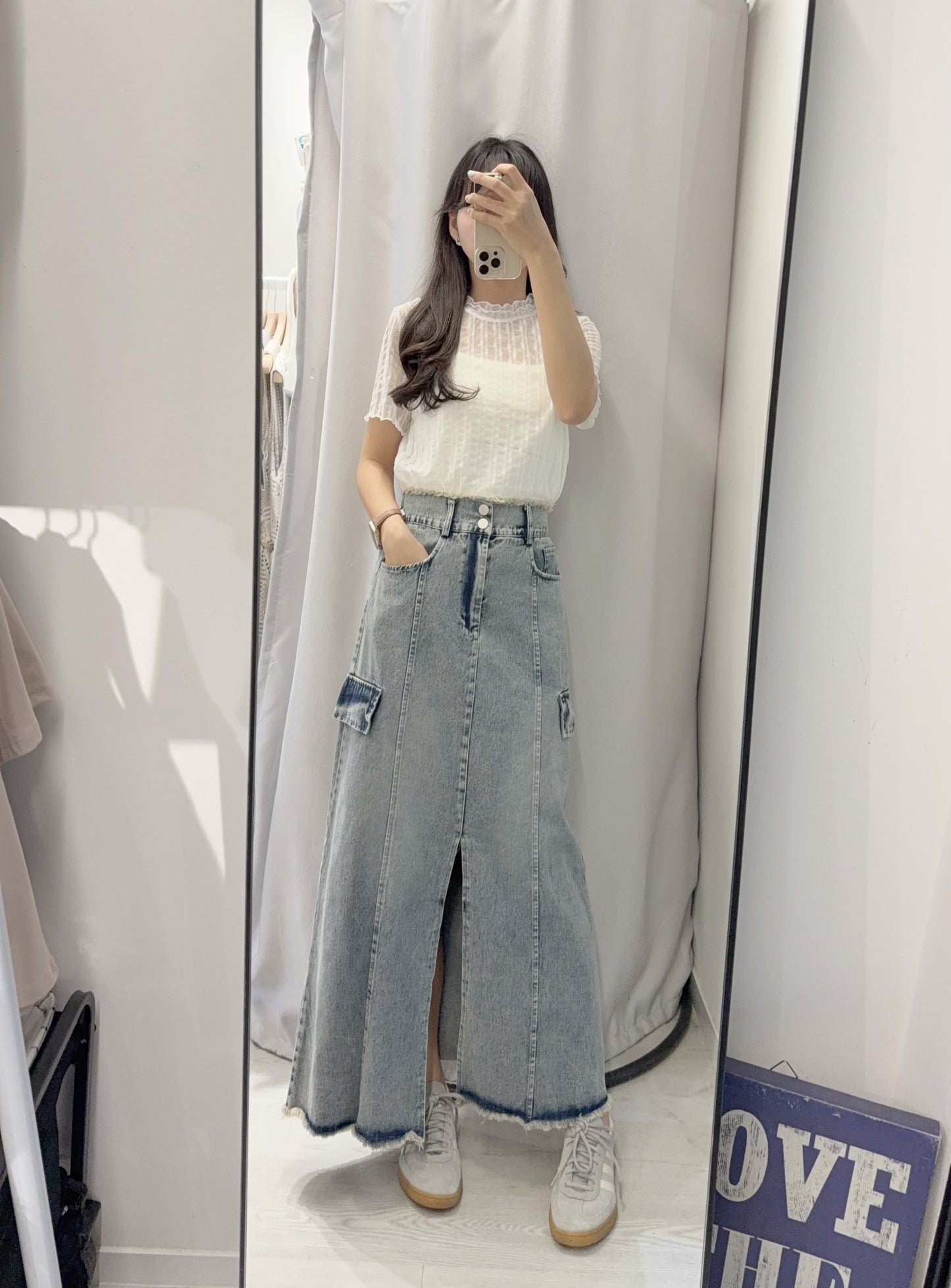 夏季・流蘇邊前開差洗水牛仔裙 1色入 1S70442