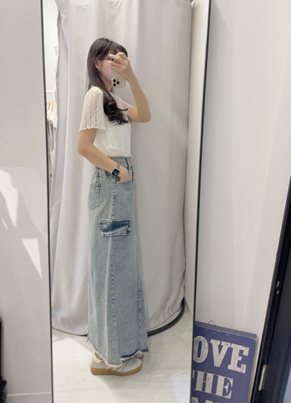 夏季・流蘇邊前開差洗水牛仔裙 1色入 1S70442