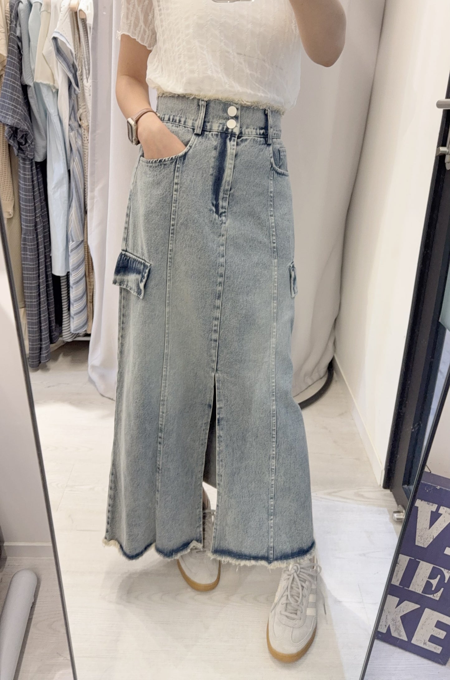 夏季・流蘇邊前開差洗水牛仔裙 1色入 1S70442